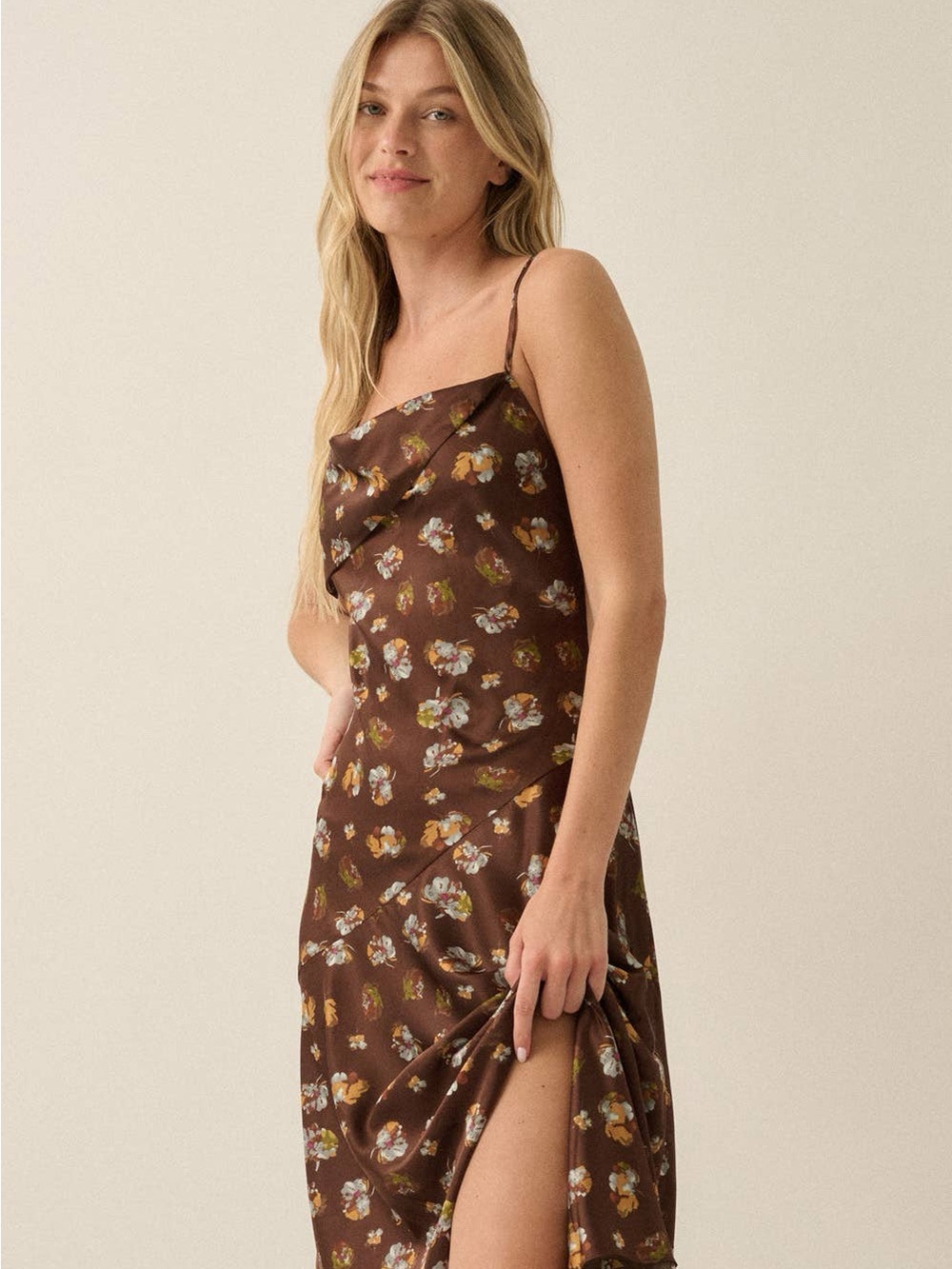Floral Satin Asymmetrical Cowl-Neck Open-Back Maxi Dress | Promesa - Picture 4 of 6